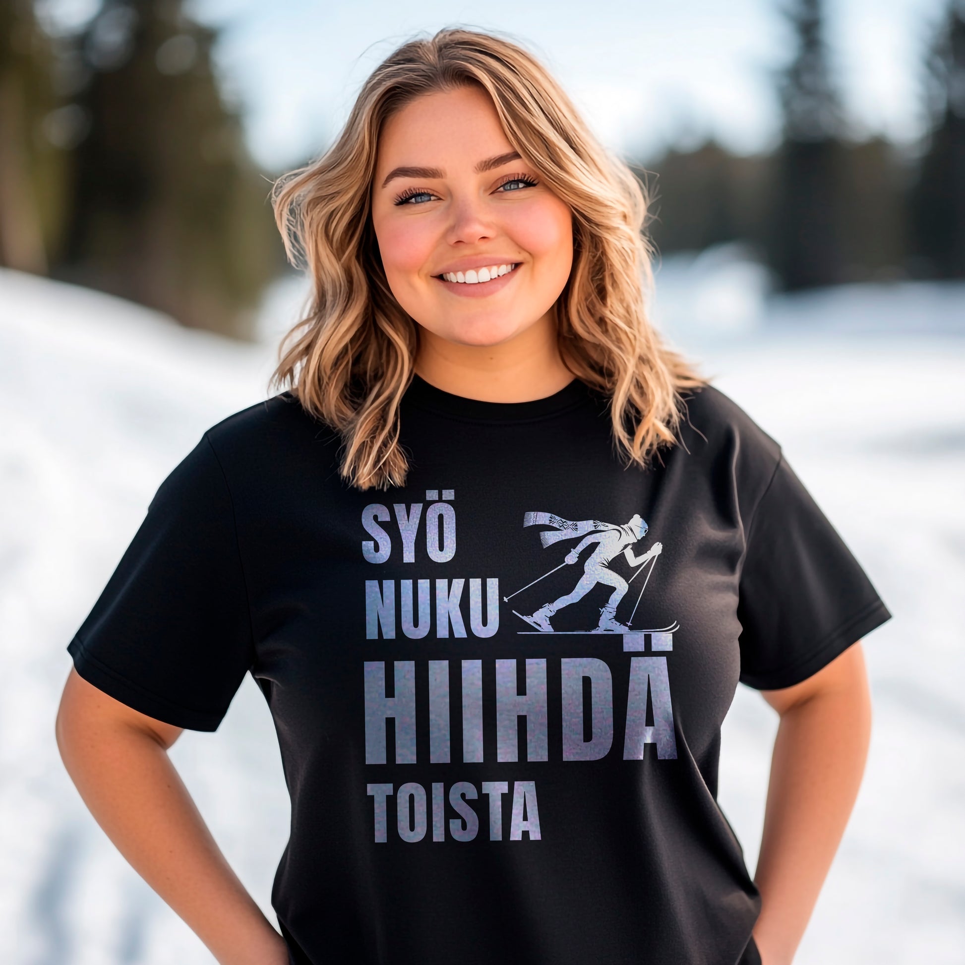 Syö Nuku Hiihdä Toista T-paita – humoristinen hiihtoteemainen design, jossa teksti kannustaa keskittymään hiihtoharrastukseen, sopii intohimoisille hiihtäjille ja ulkoilun ystäville