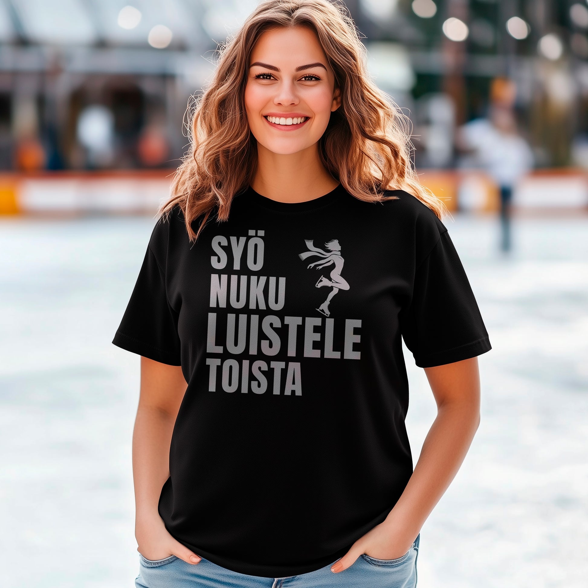 Syö Nuku luistele Toista T-paita – humoristinen luistelun harrastajan design, jossa teksti kannustaa keskittymään luistelemiseen, grafiikassa miesluistelija, sopii intohimoisille luistelun ja talvilajien ystäville