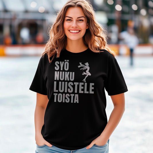 Syö Nuku luistele Toista T-paita – humoristinen luistelun harrastajan design, jossa teksti kannustaa keskittymään luistelemiseen, grafiikassa miesluistelija, sopii intohimoisille luistelun ja talvilajien ystäville