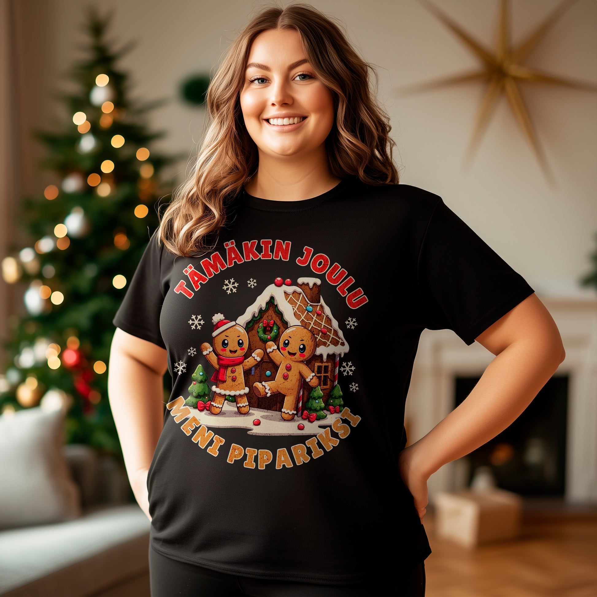 Hauska joulupaita, jossa on teksti 'Tämäkin joulu meni pipariksi' ja piparkakkutalo piparkakkuhahmoilla.