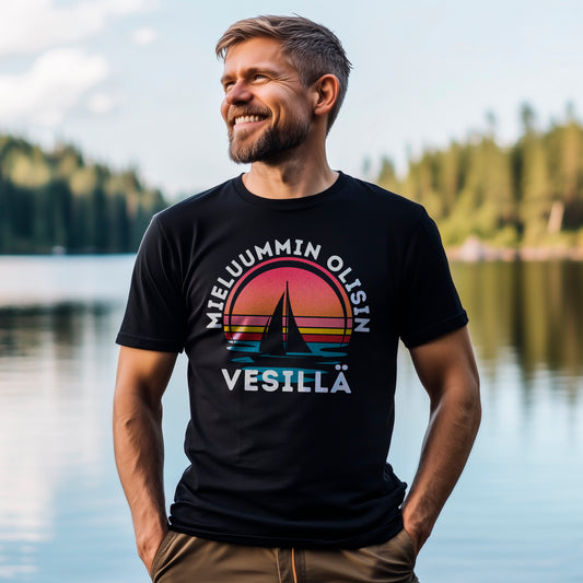 Mieluummin olisin vesillä T-paita – retrotyylinen veneilyteemainen design, jossa siluetti purjeveneestä auringonlaskussa, täydellinen veneilyn ja vesillä olon ystäville