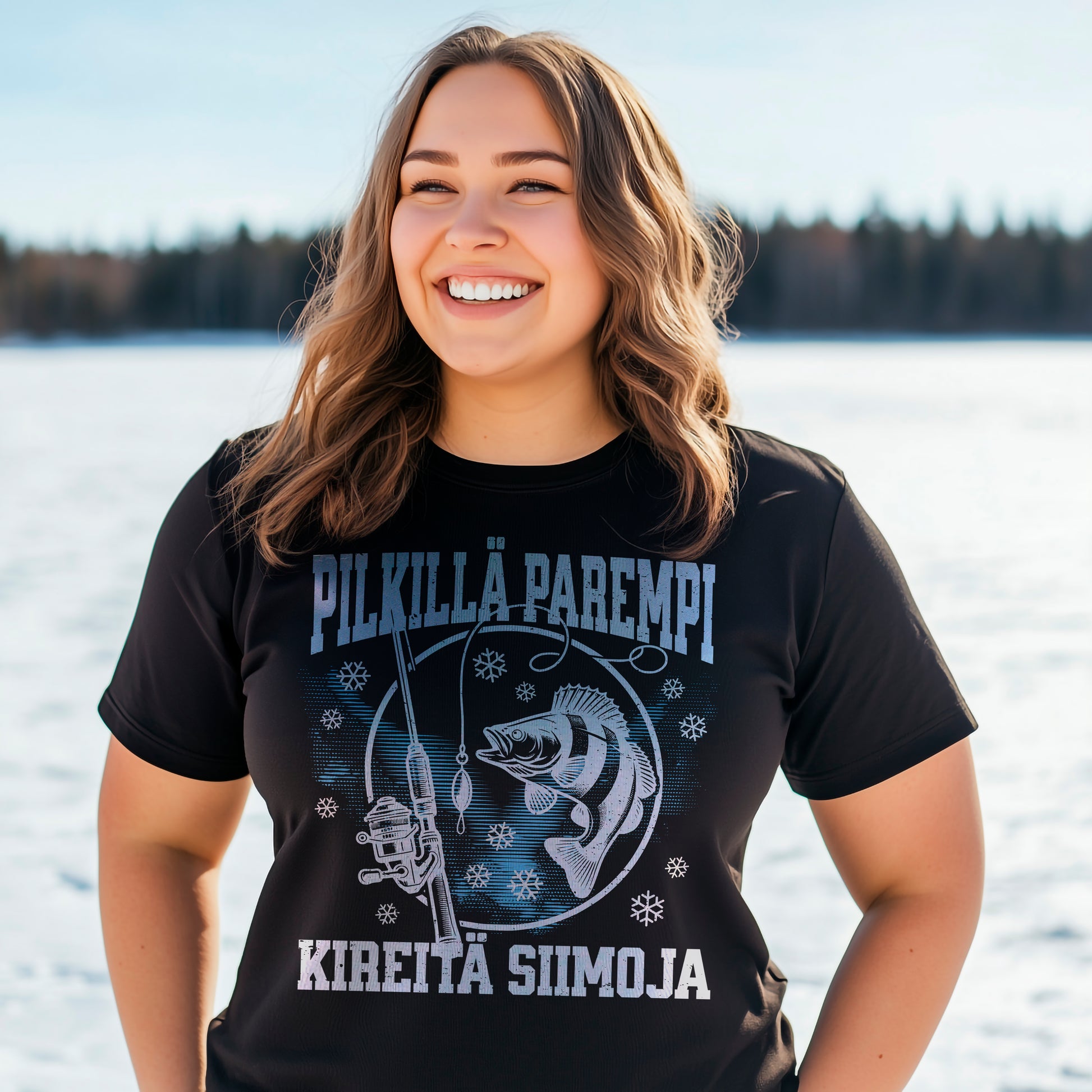 Pilkillä parempi T-paita – hauska pilkkijäteemainen design tekstillä 'Pilkillä parempi, kireitä siimoja,' kalan ja pilkkivavan kuva, täydellinen talvikalastuksen ystäville