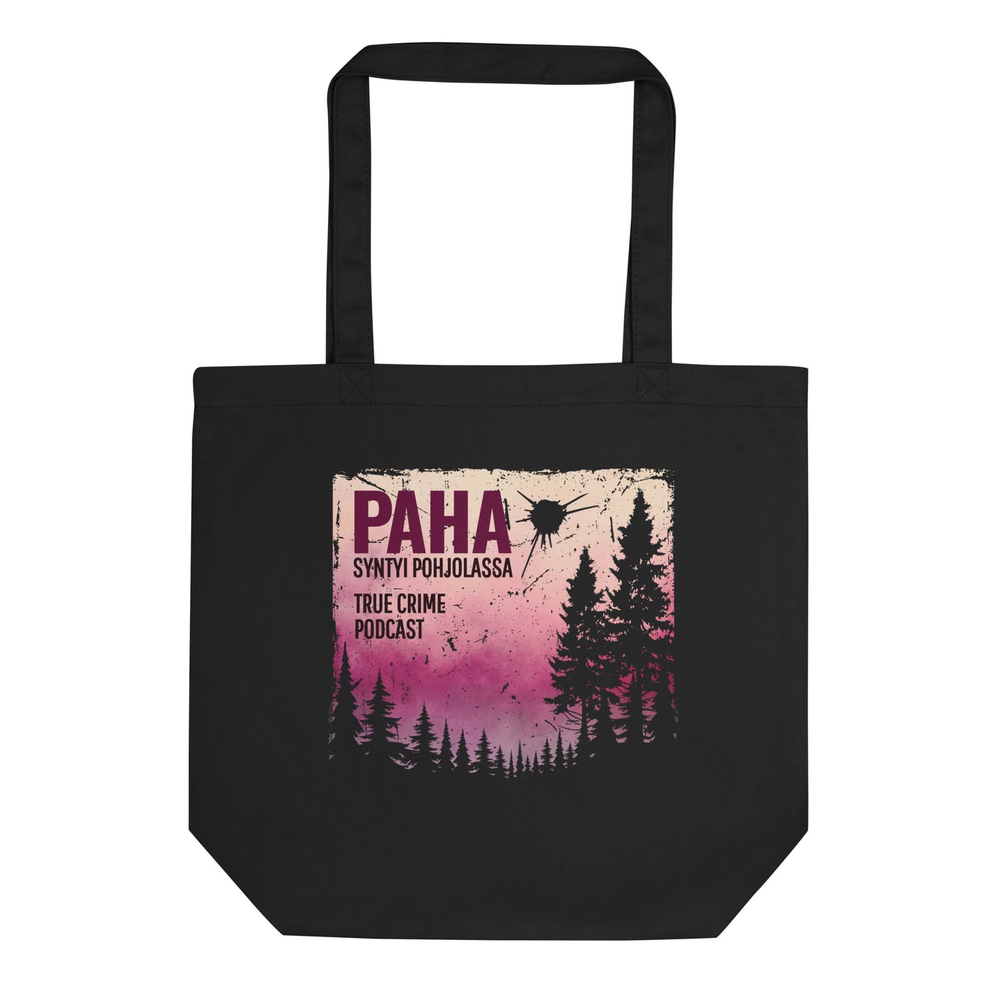 Musta luomupuuvilla kestokassi, jossa Paha syntyi pohjolassa logo.