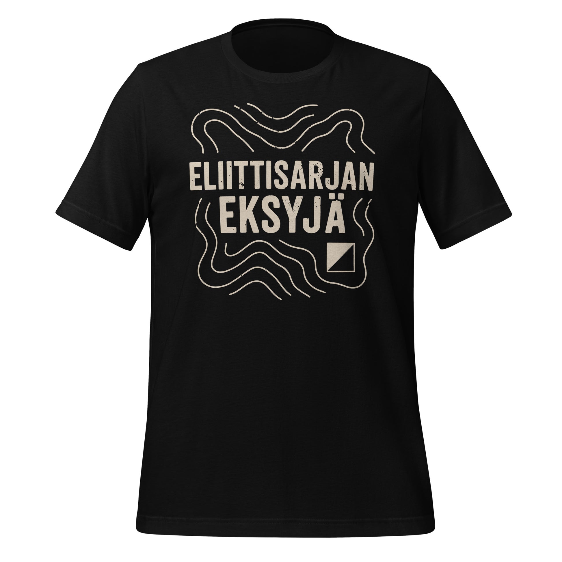 Tummapohjainen t-paita, jossa teksti "Eliittisarjan eksyjä" ja korkeuskäyrien tyyliin piirrettyä kuvitusta.