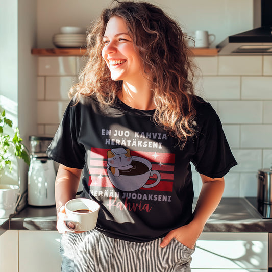 En juo kahvia herätäkseni, herään juodakseni kahvia - Kissa  kupissa Unisex T-paita rentoon menoon.