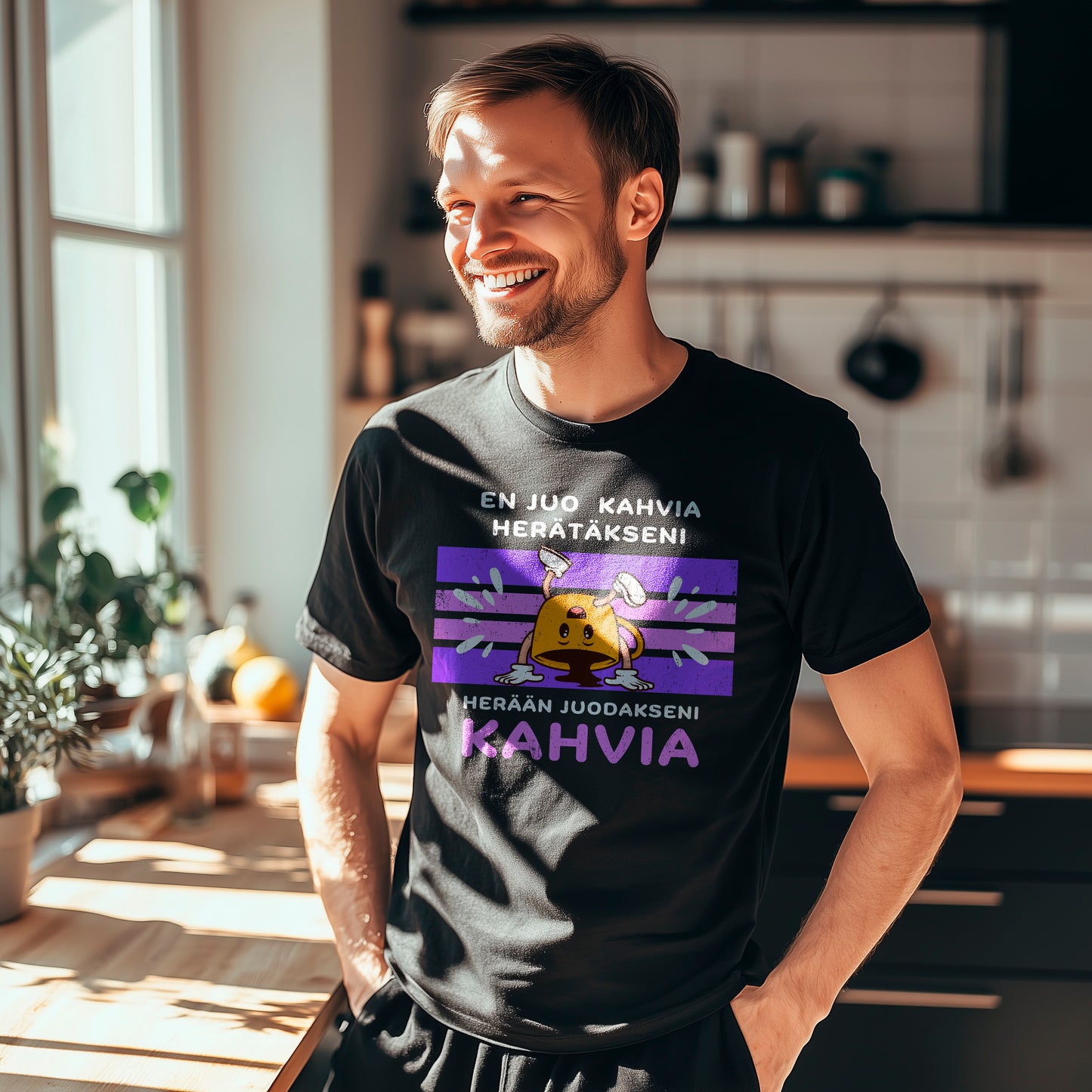 En juo kahvia herätäkseni, herään juodakseni kahvia - Kuppi nurin | hauska T-paita rentoon menoon.