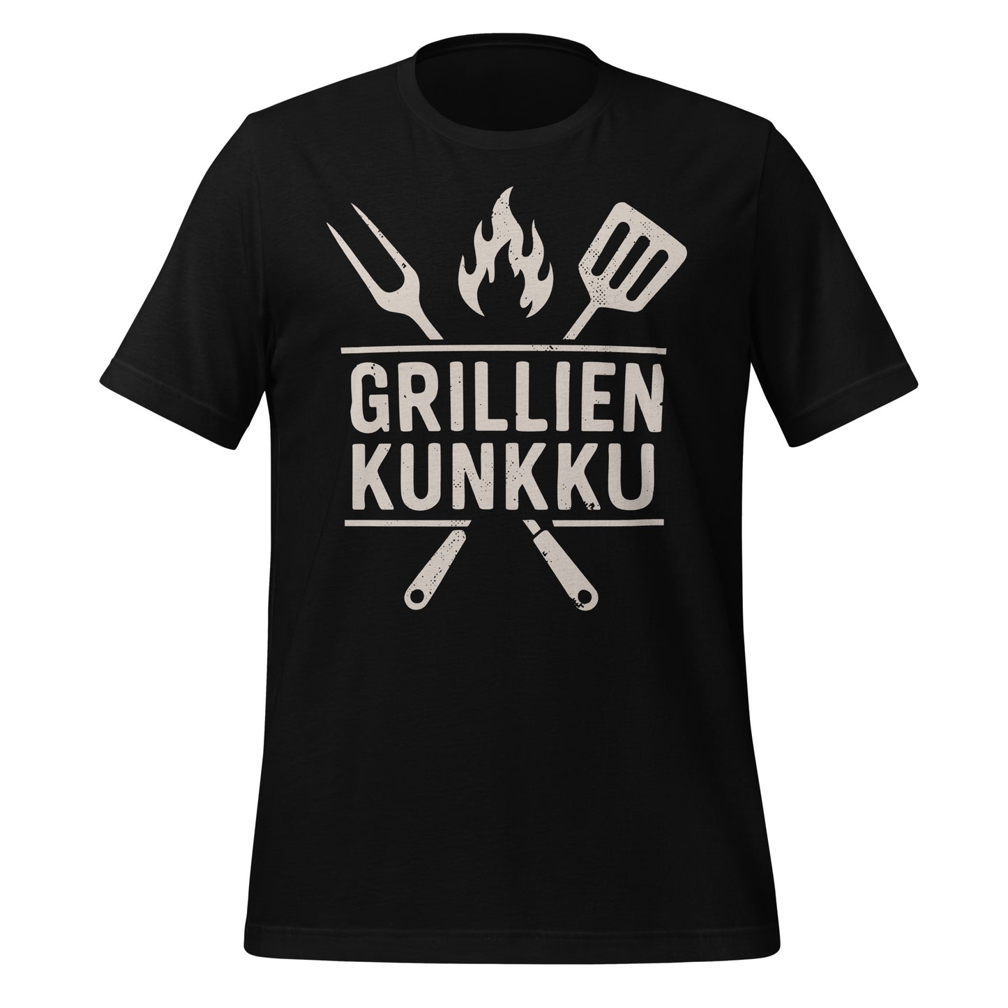 Grillien kunkku - musta t-paita. Hauska grillausteemainen printti kesän grillimestarille.
