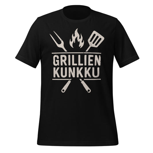 Grillien kunkku - musta t-paita. Hauska grillausteemainen printti kesän grillimestarille.