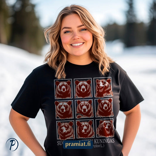 Tumman pohjan t-paita, jossa sininen karhuruudukko ja teksti "Suomen metsien kuningas (Ursus arctos arctos L.)".