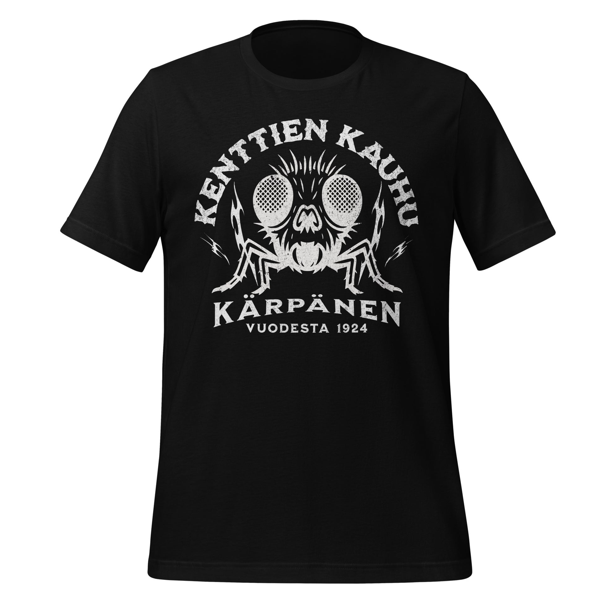 Graafinen t-paita, jossa rokkityylinen kärpänen ja tekstit “Kenttien kauhu” ja “Kärpänen vuodesta 1924”. Pesäpallon ystävien huumoripaita.