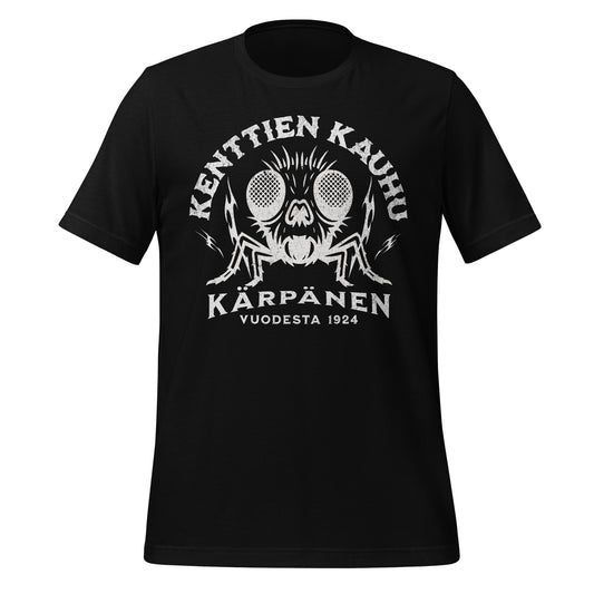 Graafinen t-paita, jossa rokkityylinen kärpänen ja tekstit “Kenttien kauhu” ja “Kärpänen vuodesta 1924”. Pesäpallon ystävien huumoripaita.