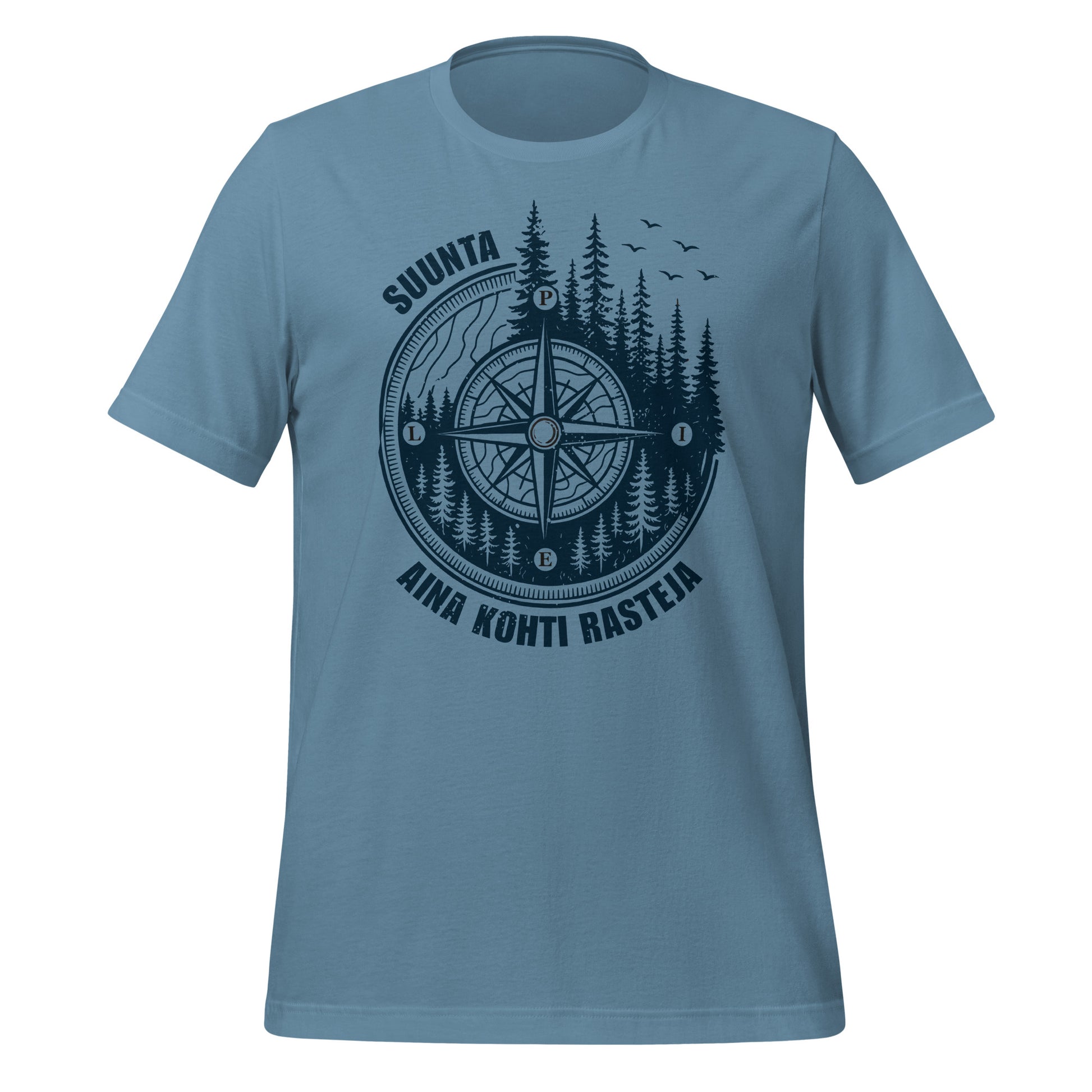t-paita, jossa havupuumetsä ja ilmansuunnat sekä suunnistajan kompassi sekä teksti suunta aina kohti rasteja.