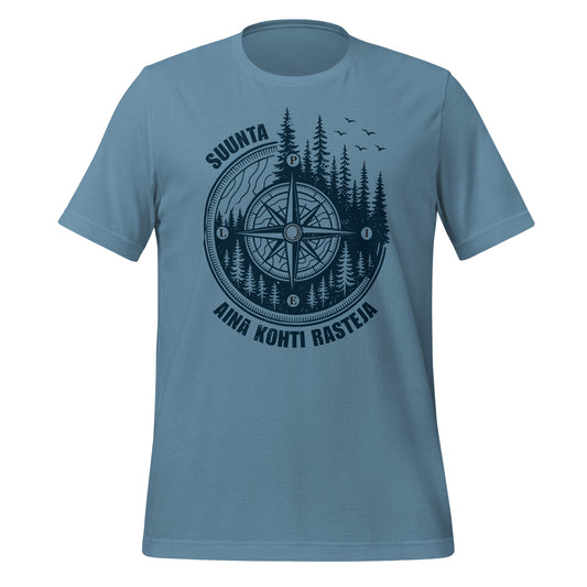 t-paita, jossa havupuumetsä ja ilmansuunnat sekä suunnistajan kompassi sekä teksti suunta aina kohti rasteja.