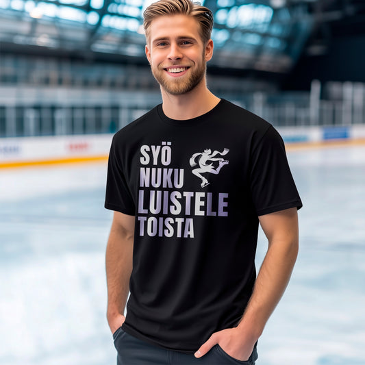 Syö Nuku luistele Toista T-paita – humoristinen luistelun harrastajan design, jossa teksti kannustaa keskittymään luistelemiseen, grafiikassa miesluistelija, sopii intohimoisille luistelun ja talvilajien ystäville