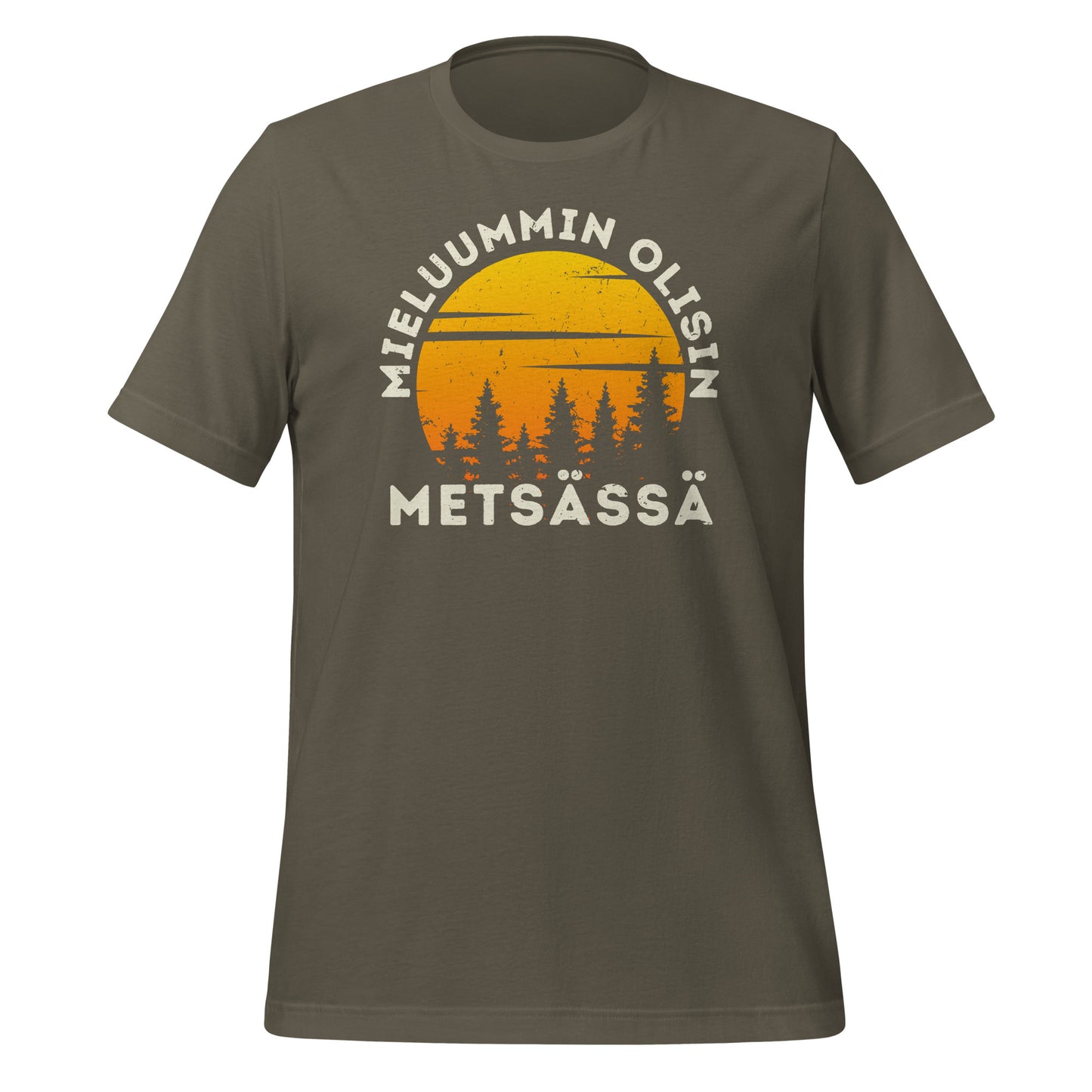 Mieluummin olisin metsässä- armeijan vihreä  t-paita, jossa auringonlasku ja metsän siluetti, tyylikäs lahja luonnon ystäville.