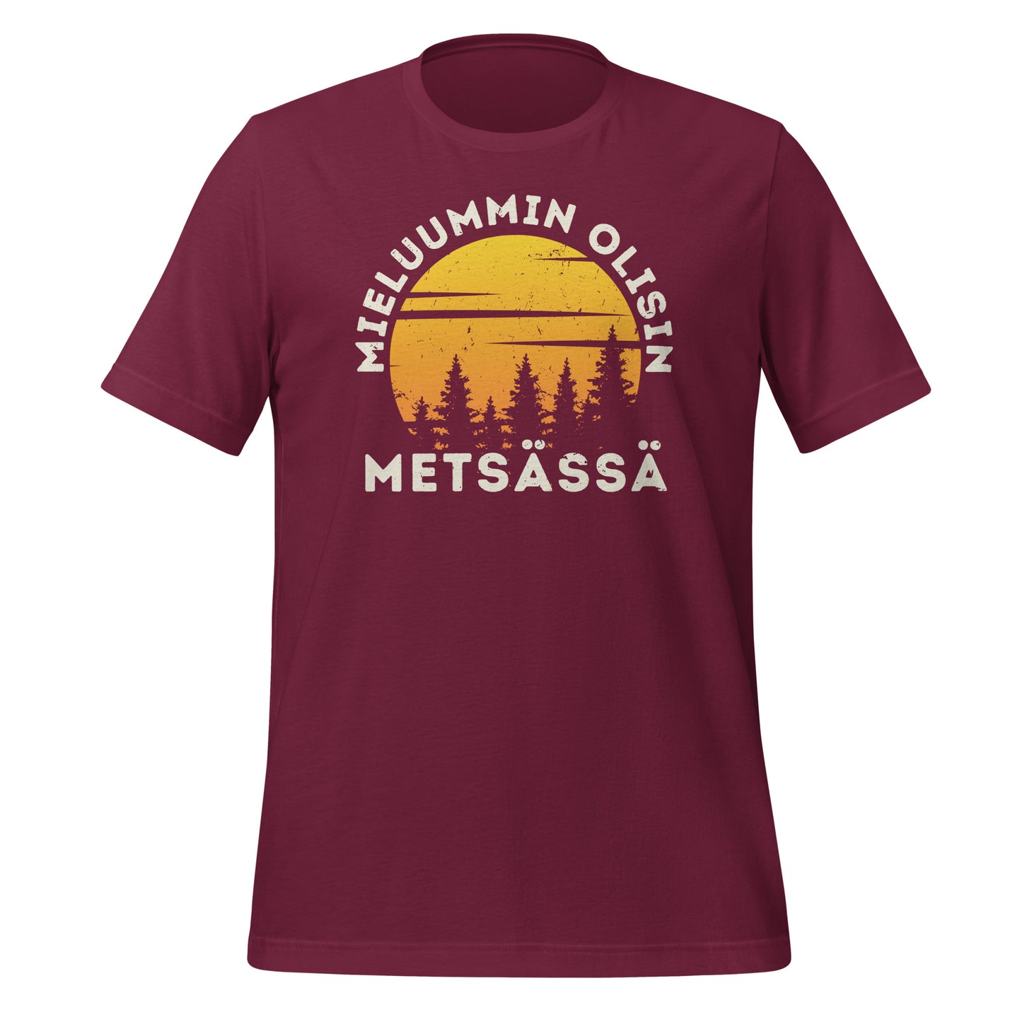 Mieluummin olisin metsässä - viininpunainen t-paita auringonlasku ja metsän siluetti, tyylikäs lahja luonnon ystäville.