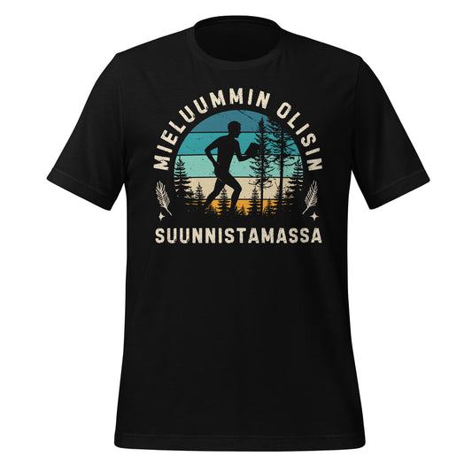 T-paita, jossa mieshahmo suunnistaa havumetsässä retrovärisessä iltavalossa.