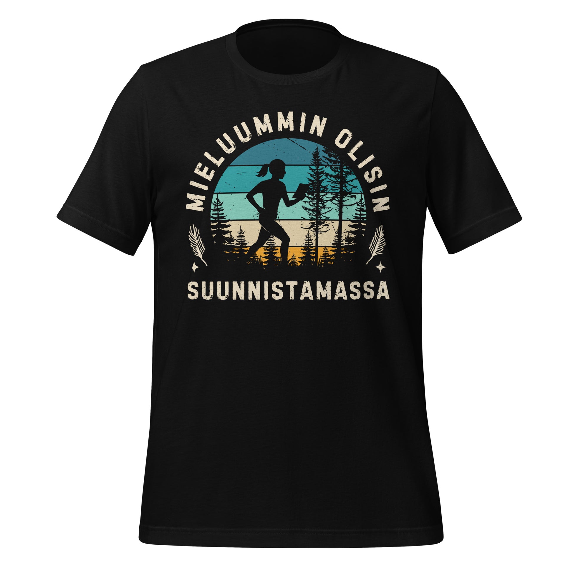 Naisille suunnattu suunnistusaiheinen t-paita, jossa retrovärinen siluetti ja kaareva teksti mieluummin olisin suunnistamassa.