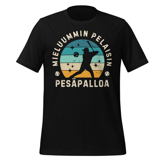 T-paita, jossa teksti “Mieluummin pelaisin pesäpalloa” ja lyöjän siluetti retroväreissä. Täydellinen pesäpallon harrastajalle.