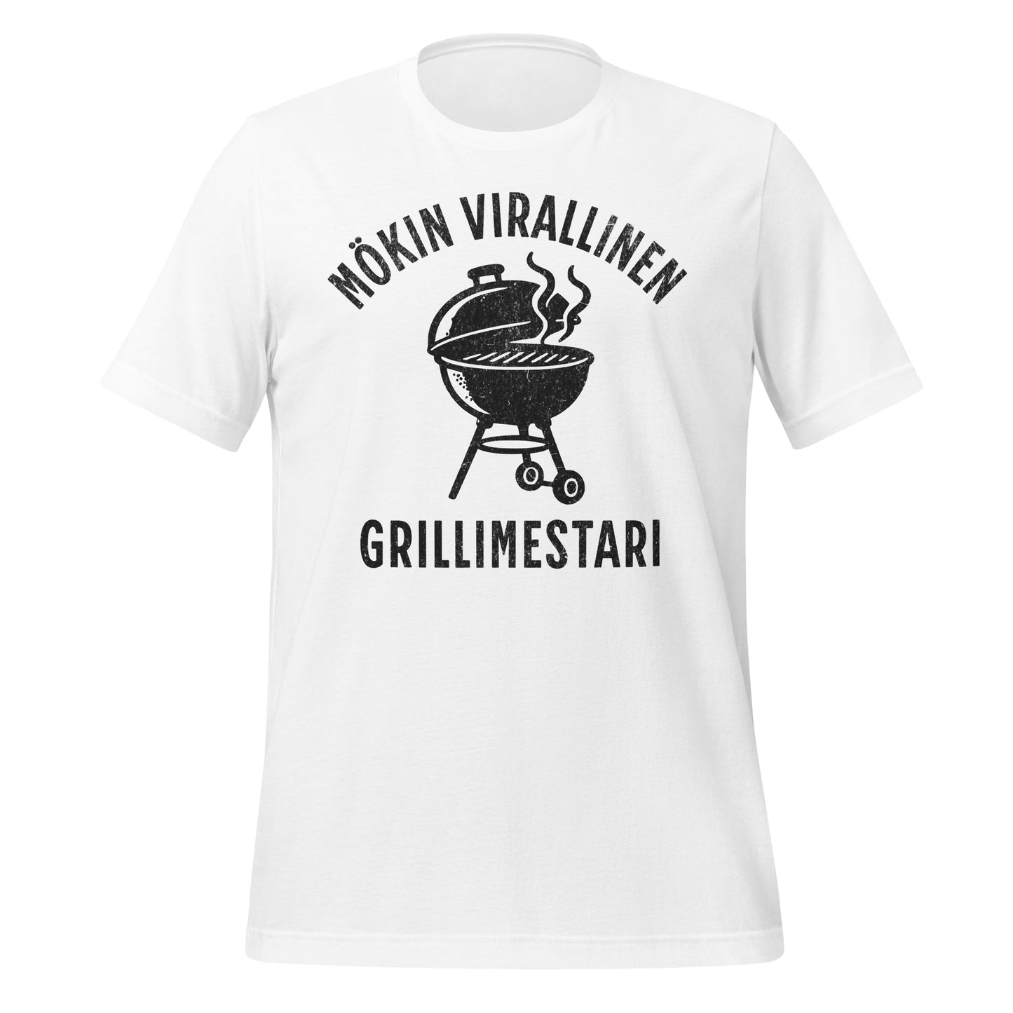 Mökin virallinen grillimestari - valkoinen t-paita, jossa savustavan pallogrillin kuvitus ja hauska teksti mökkeilyn ystäville.