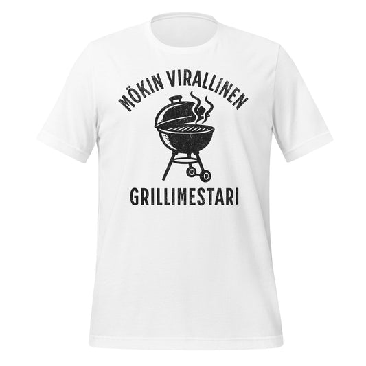Mökin virallinen grillimestari - valkoinen t-paita, jossa savustavan pallogrillin kuvitus ja hauska teksti mökkeilyn ystäville.