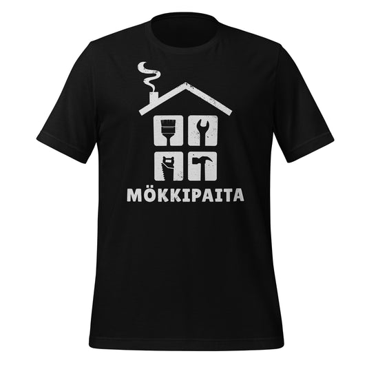 Mökkipaita -musta t-paita, jossa mökin siluetti ja työkalujen kuvia. Humoristinen design mökkitöiden ammattilaiselle.