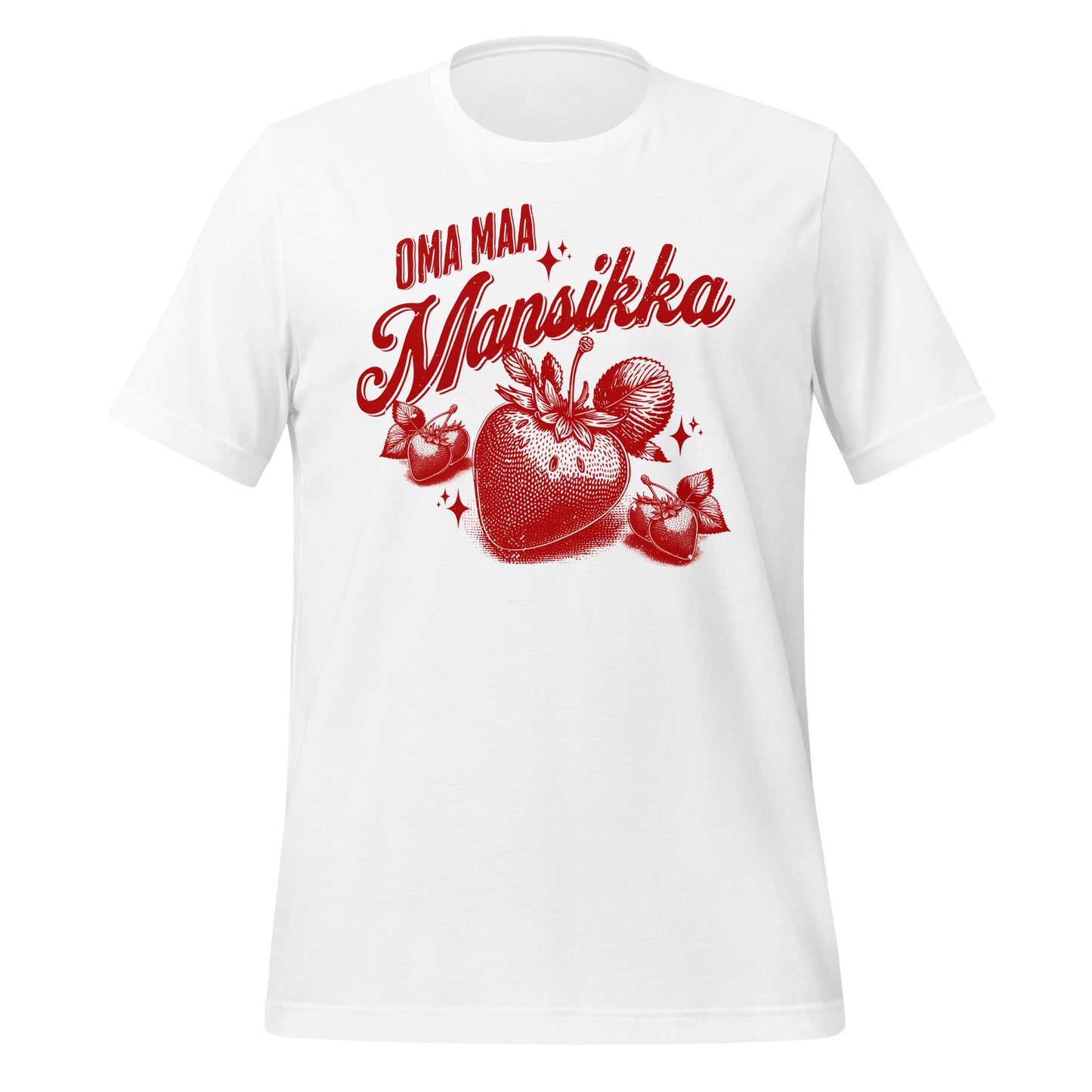 T-paita, jossa retrotyylinen punainen mansikkakuvitus ja teksti “Oma maa mansikka” klassisella suomalaisella sanonnalla.
