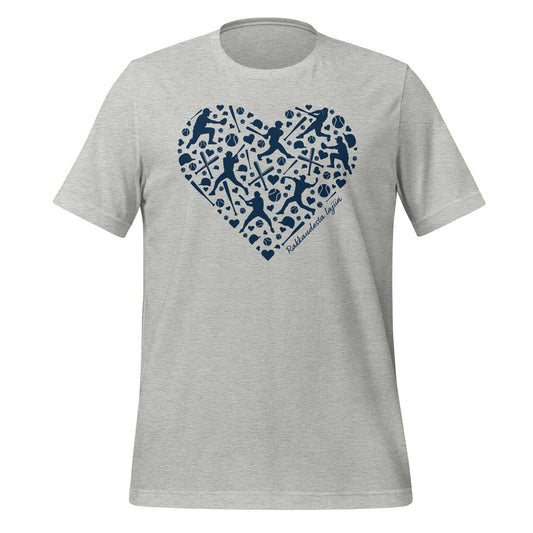 Rakkaudesta lajiin -paita, jossa tummasävyinen pesisgrafiikka muodostaa sydämen – täydellinen pesäpallon ystävälle.