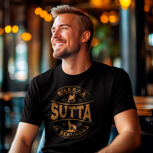 T-paita 'Sutta ja Sekundaa' vintage-grafiikalla – suomalainen sanonta humoristisessa designissa