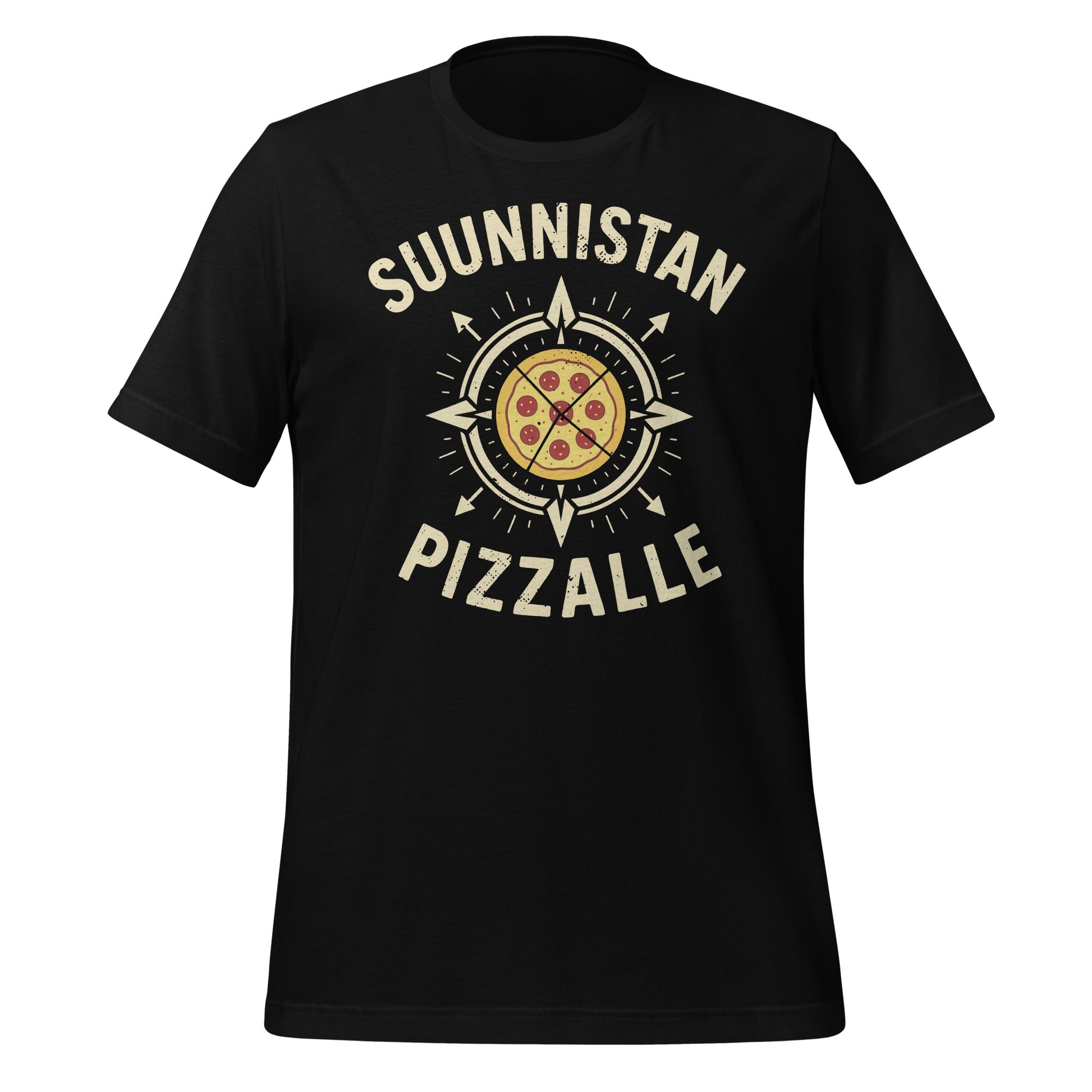 Tummapohjainen t-paita, jossa teksti “Suunnistan pizzalle” ja kompassin sisään piirretty pepperonipizza