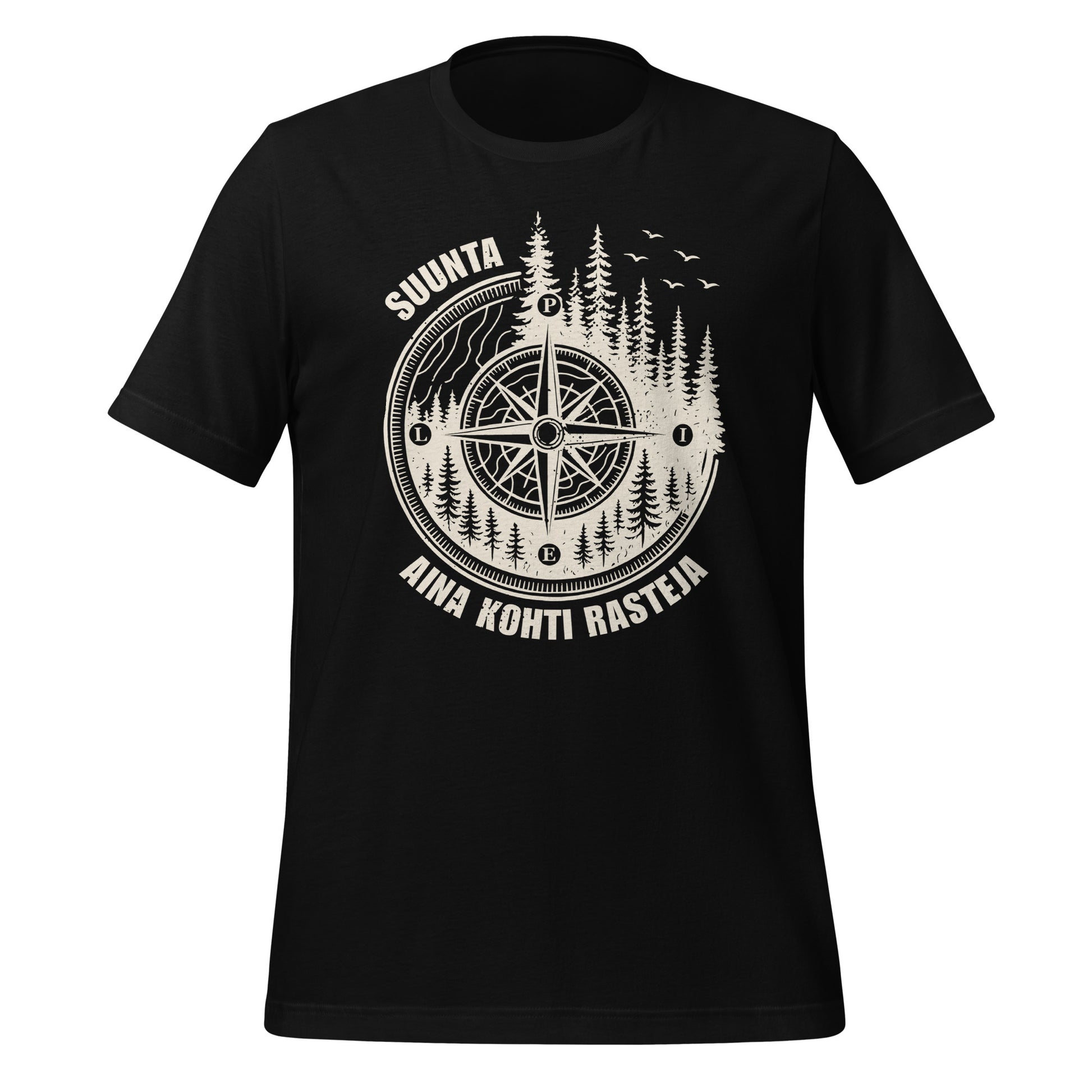 T-paita, jossa metsäteemainen kompassi ja teksti Suunta aina kohti rasteja