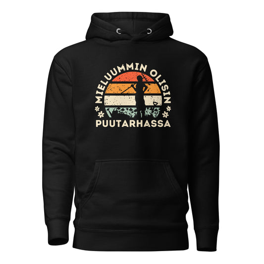 Retro auringonlasku, puutarhurin siluetti, kukkia, lapio, harva, vesikannu. Mieluummin olisin puutarhassa. Grafiikka tummalla pohjalla. Huppari.