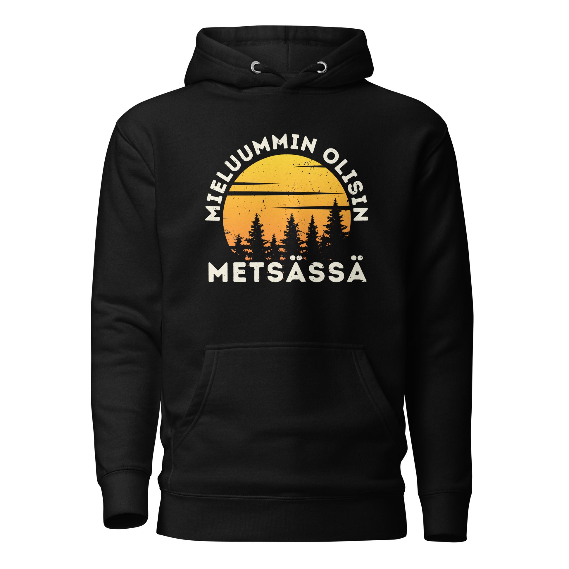 Mieluummin olisin metsässä - musta huppari.  Metsän siluetti auringonlaskussa.
