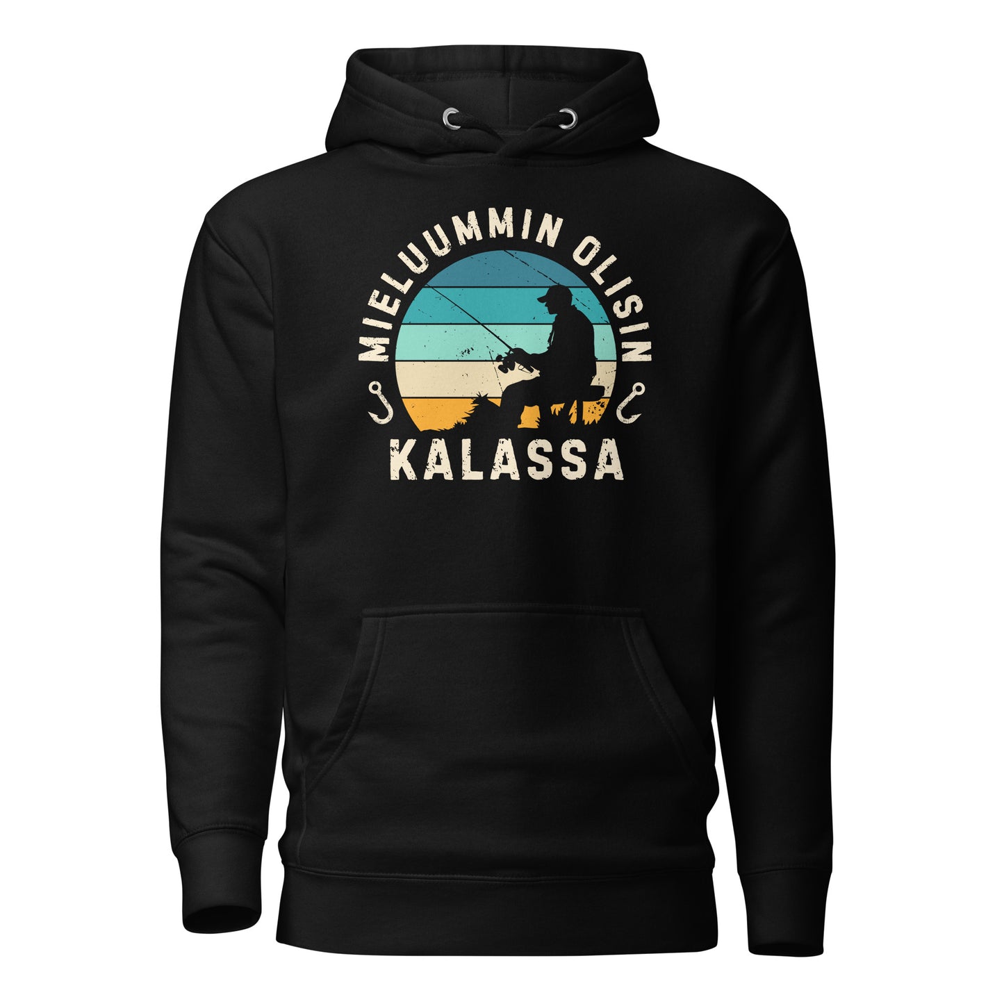 Mieluummin olisin kalassa - hauska huppari, jossa trendikäs retro auringonlasku