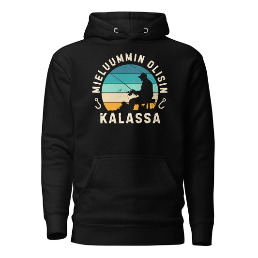 Mieluummin olisin kalassa - hauska huppari, jossa trendikäs retro auringonlasku