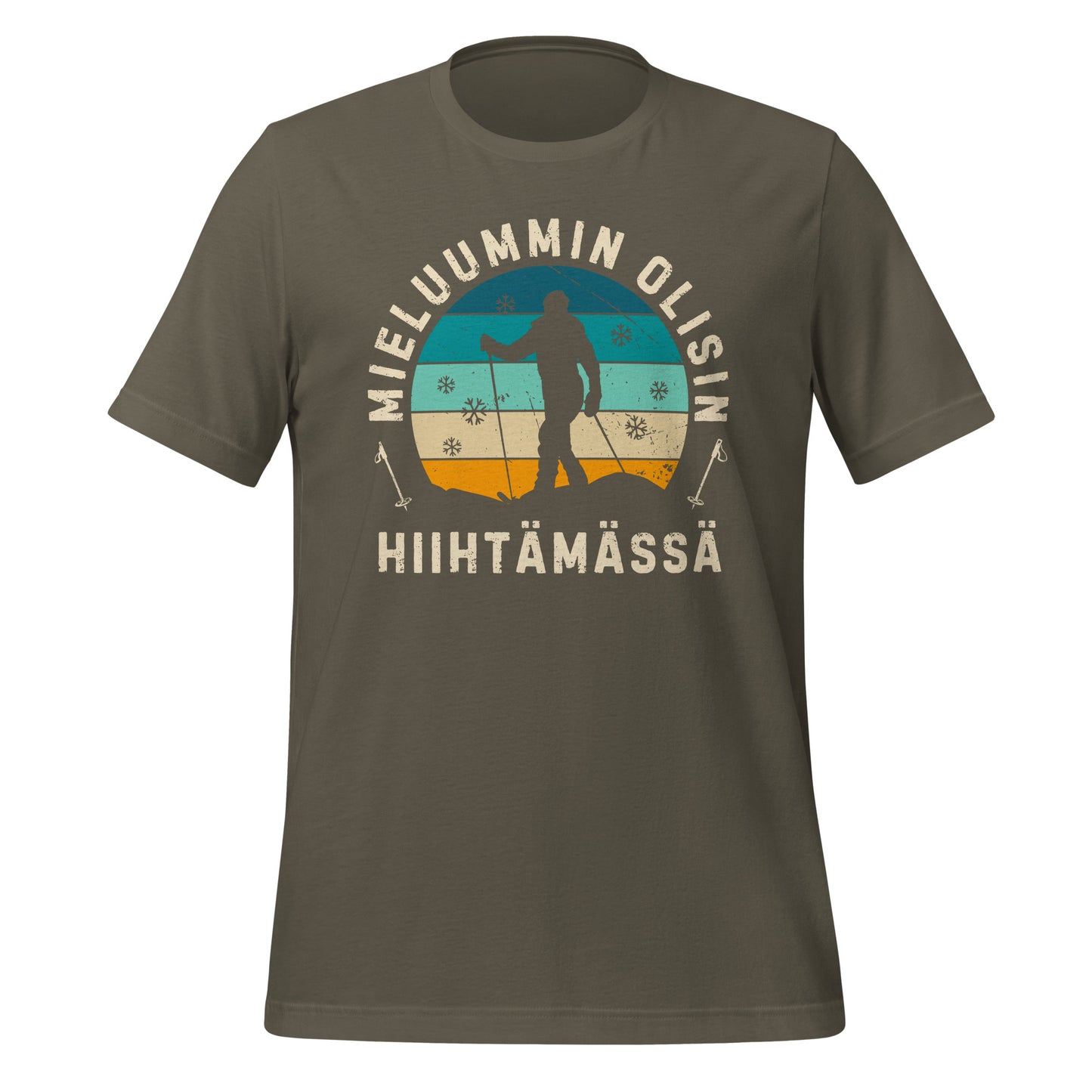 armeijan vihreä t-paita - mieluummin olisin hiihtämässä, retro printti.