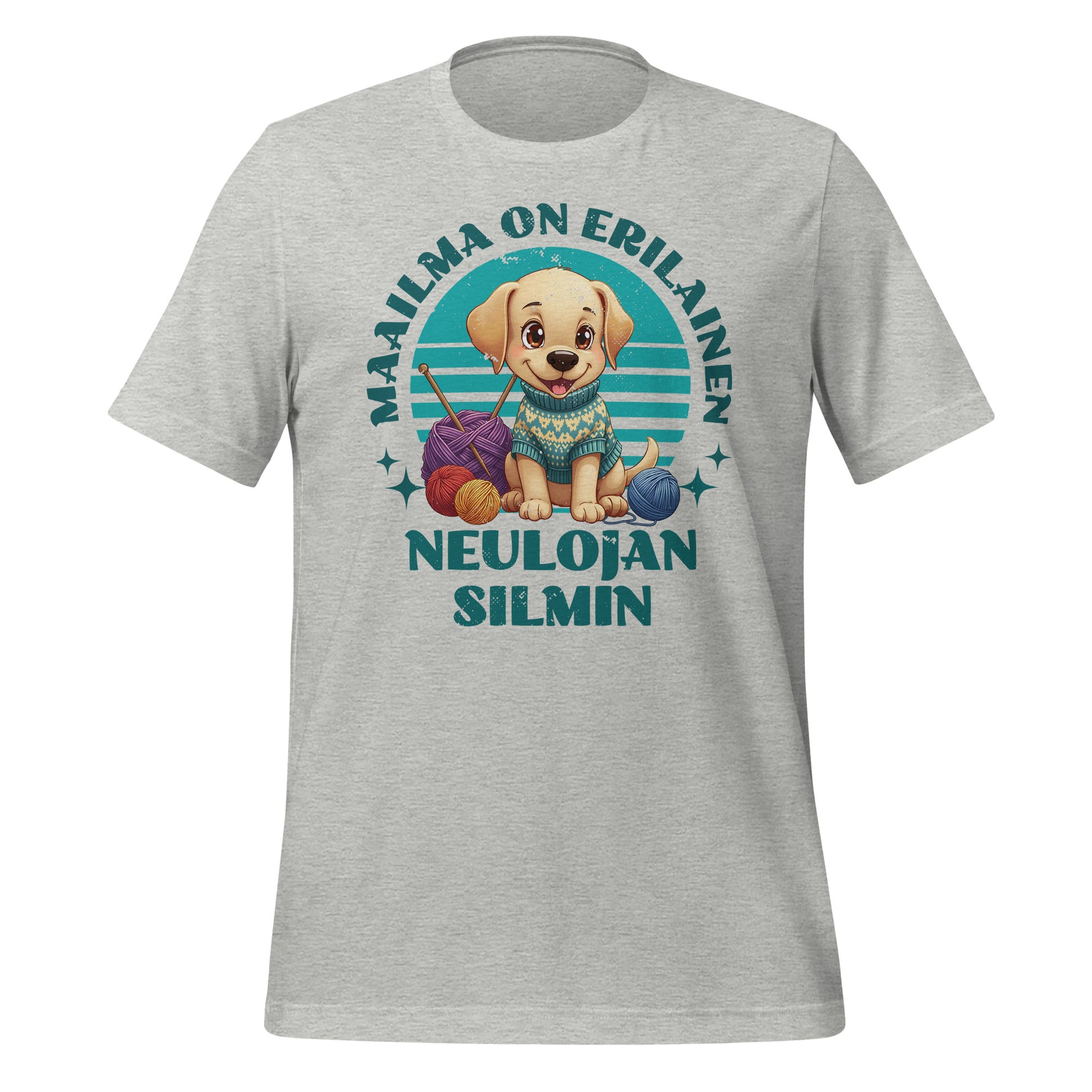 Vaalea t-paita, jossa on suloinen koira neuleessa, lankakeriä ja teksti 'Maailma on erilainen neulojan silmin' turkoosilla taustalla – suunniteltu neulojille.