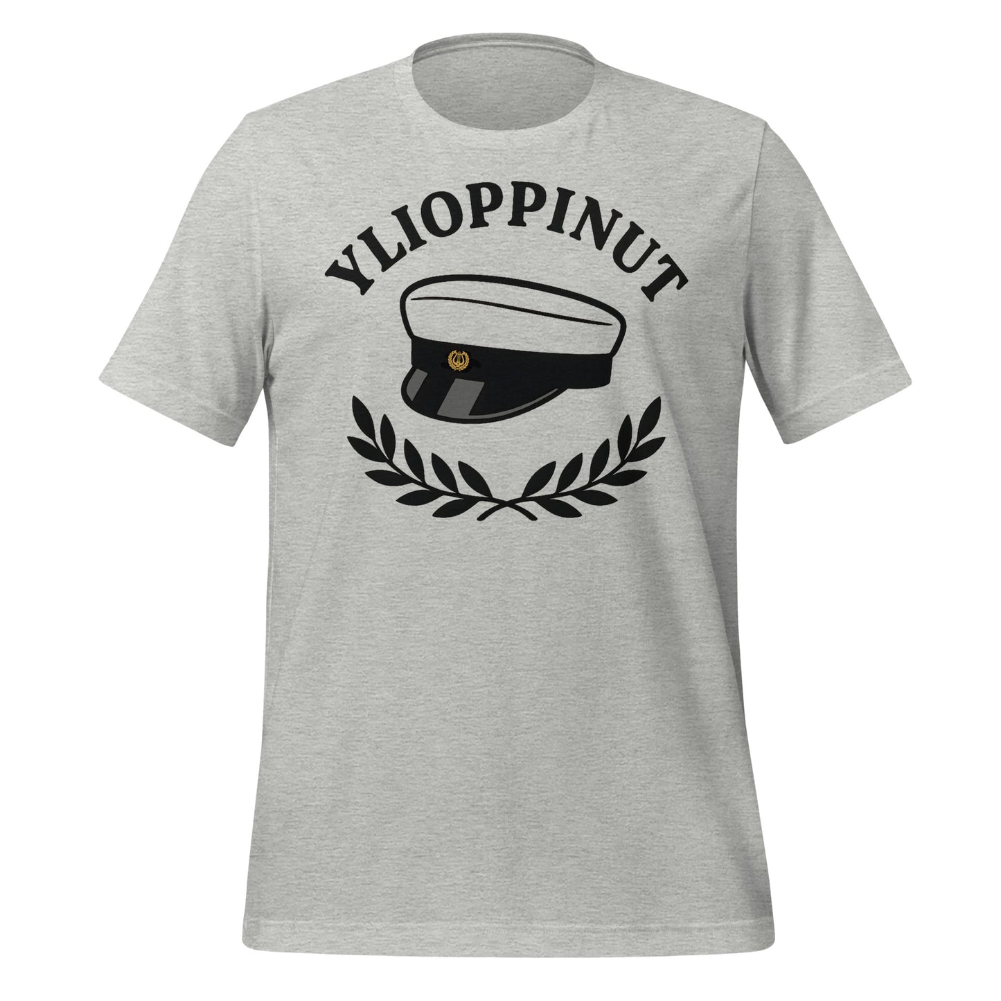 Mustavalkoinen ylioppilaslakki, laakeriseppele ja teksti “Ylioppinut” graafisessa kuvituksessa