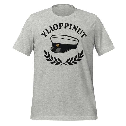 Mustavalkoinen ylioppilaslakki, laakeriseppele ja teksti “Ylioppinut” graafisessa kuvituksessa