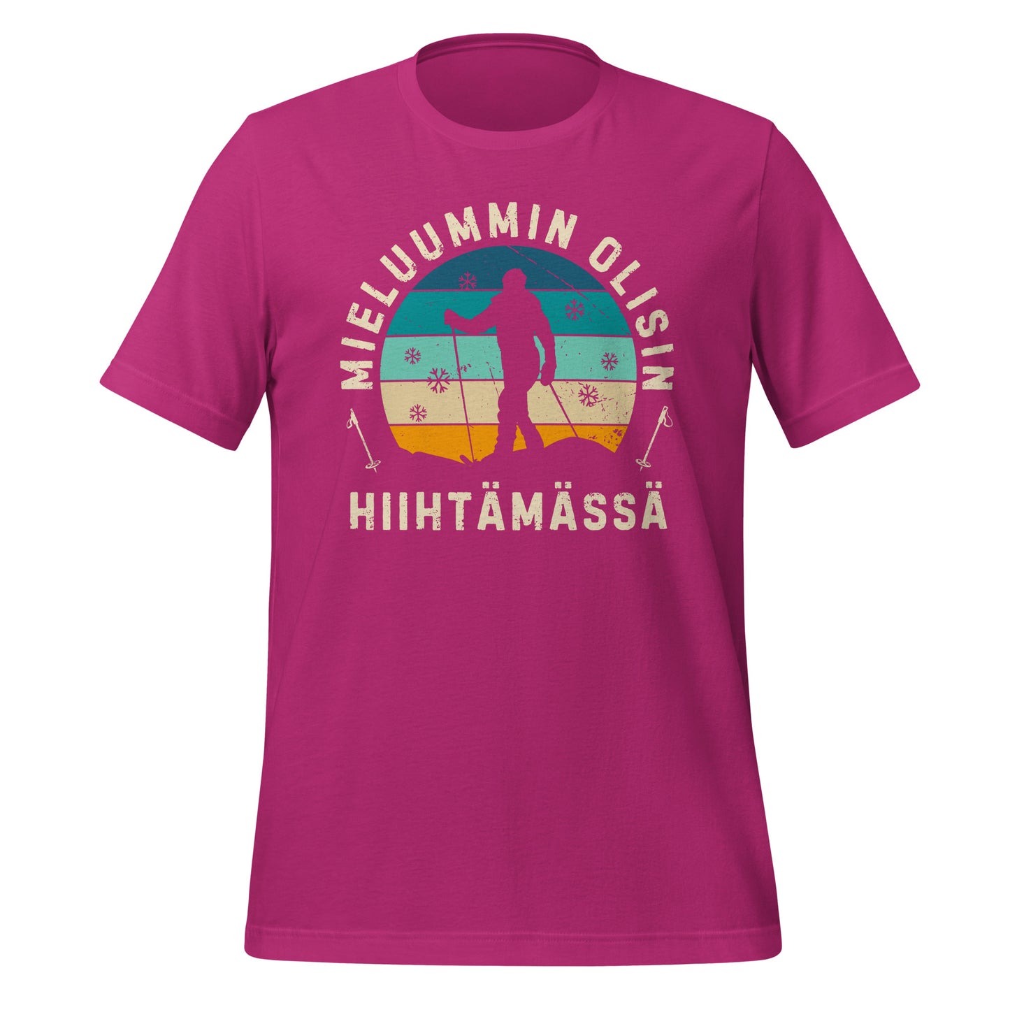 Vaaleanpunainne t-paita - mieluummin olisin hiihtämässä, laadukas lahjaidea.