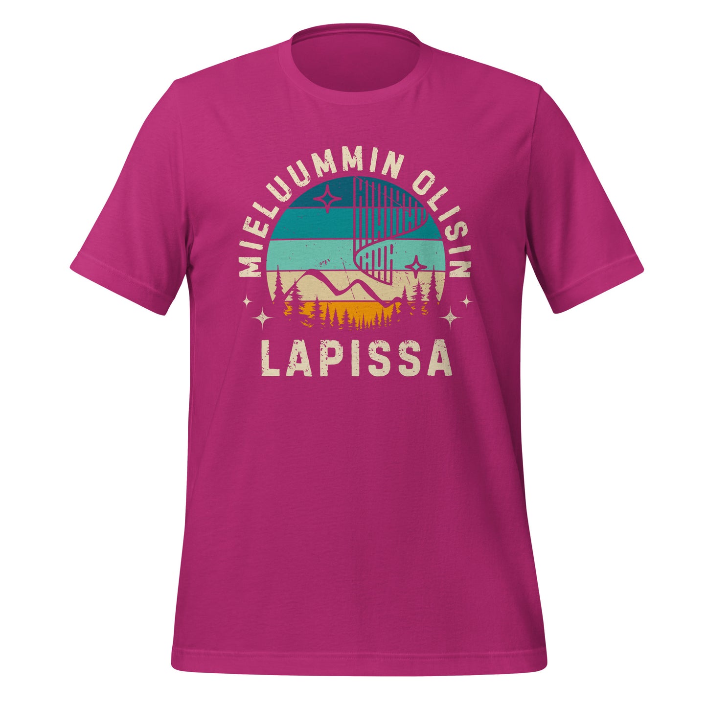 Mieluummin olisin Lapissa - retro unisex t-paita, väri vaaleanpunainen, pohjoisen luonnon ystäville.