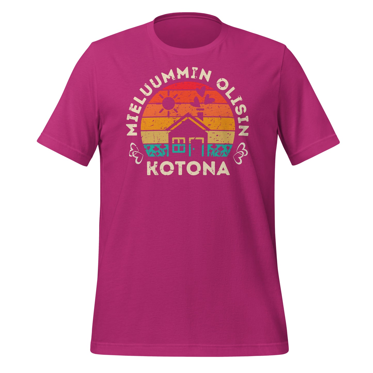 Pinkki t-paita, jossa retro auringonlasku ja teksti mieluummin olisin kotona.