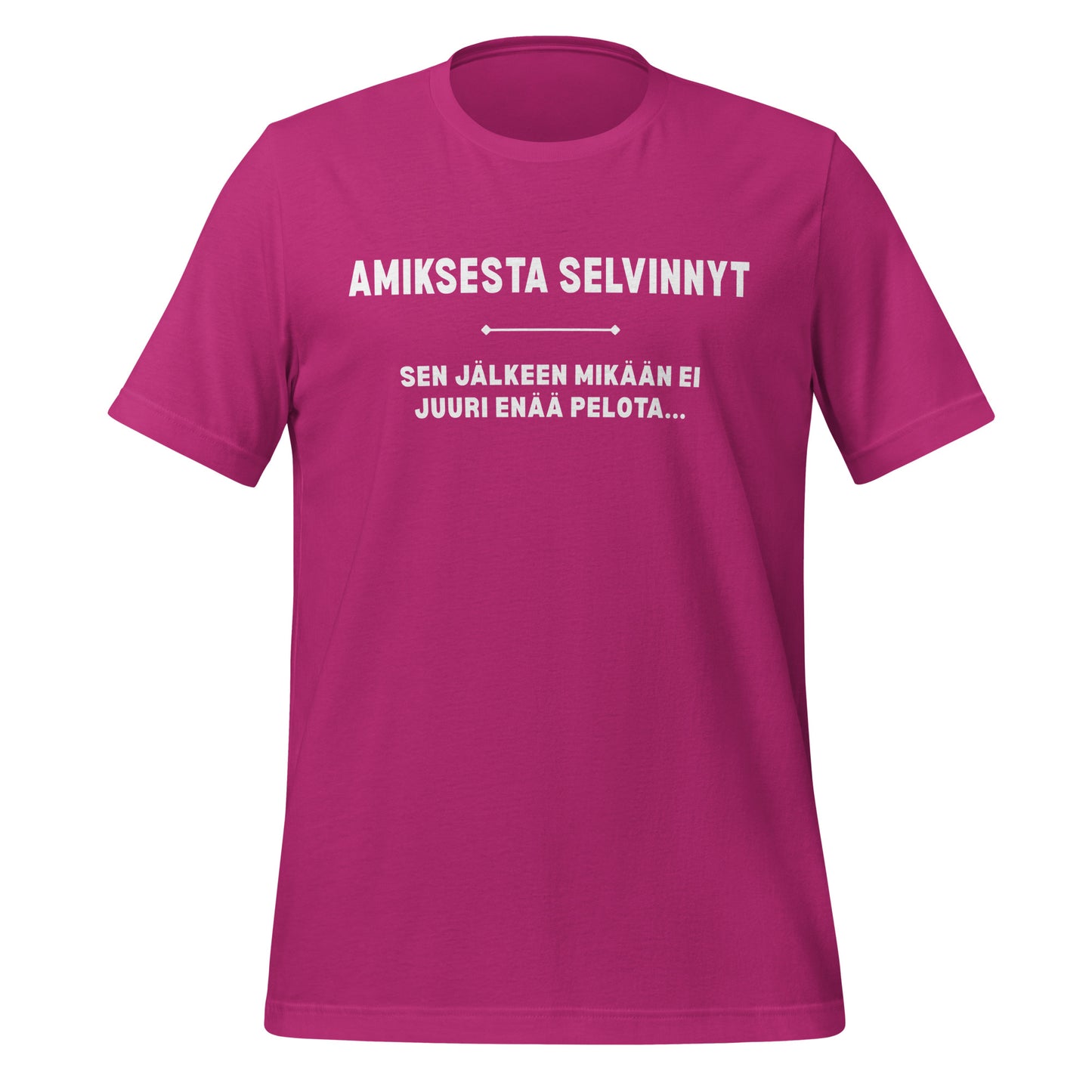 Hauska unisex t-paita tekstillä 'Amiksesta selvinnyt' pinkissä värissä, täydellinen ylioppilaslahja.