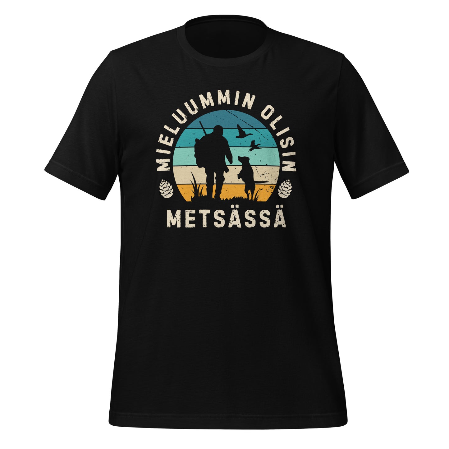 Mieluummin olisin metsässä T-paita – retrotyylinen metsästysteema, jossa siluetti metsästäjästä ja koirasta auringonlaskussa, sopii luonnon ja metsästyksen ystäville