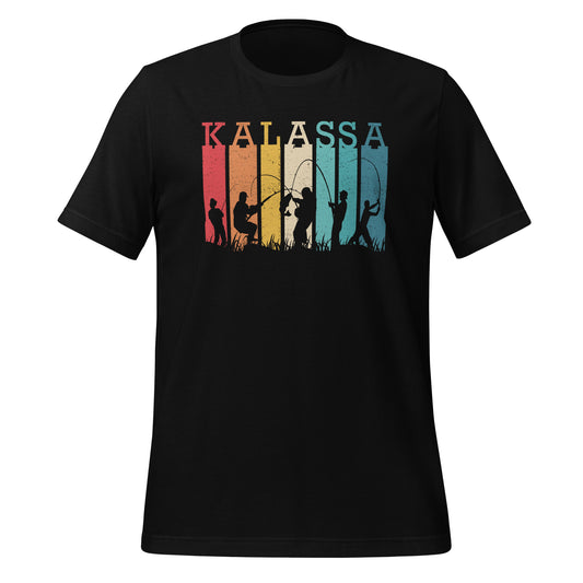 Kalassa T-paita – retro-tyylinen kalastusteemainen design, värikkäät siluetit kalastajista, sopii kalastuksen ystäville ja rentoon tyyliin