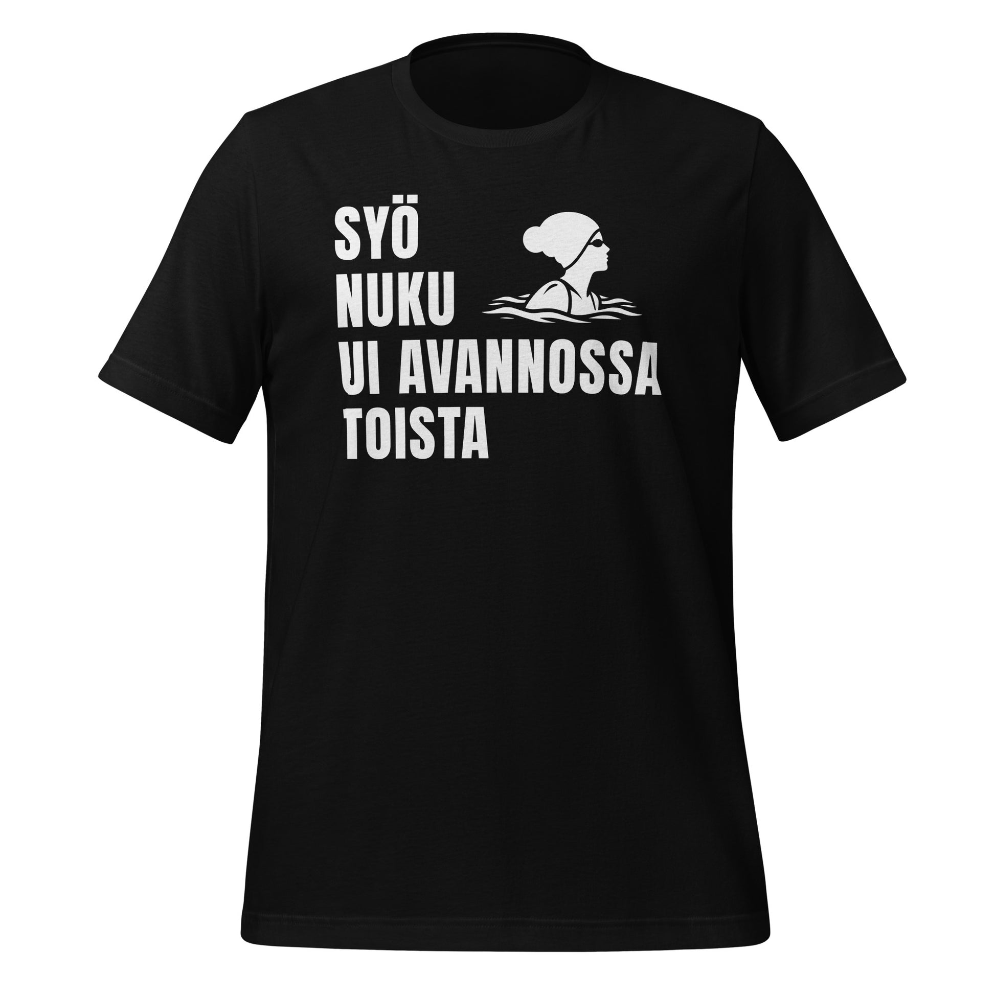 Syö Nuku Ui Avannossa Toista T-paita – humoristinen avantouimarin paita, jossa teksti kannustaa keskittymään avantouintiin, grafiikassa hahmo uimassa pipo päässä, sopii intohimoisille avantouimareille
