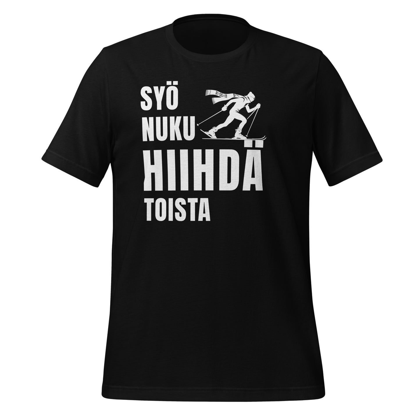 Syö Nuku Hiihdä Toista T-paita – humoristinen hiihtoteemainen design, jossa teksti kannustaa keskittymään hiihtoharrastukseen, sopii intohimoisille hiihtäjille ja ulkoilun ystäville
