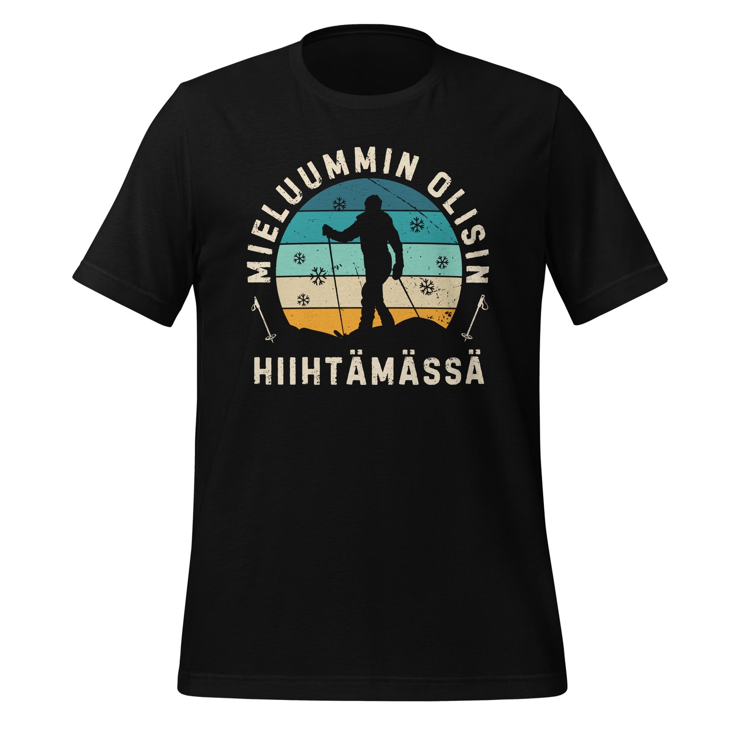 Retrohenkinen t-paita, jossa teksti 'Mieluummin Olisin Hiihtämässä' ja hiihtäjän siluetti talvimaisemassa.