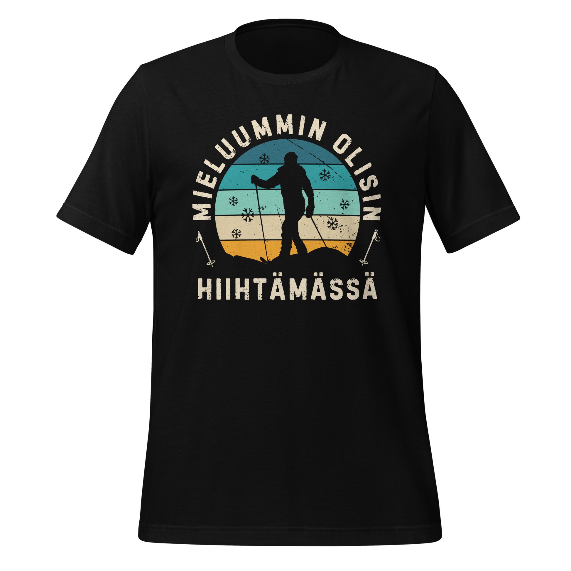 Retrohenkinen t-paita, jossa teksti 'Mieluummin Olisin Hiihtämässä' ja hiihtäjän siluetti talvimaisemassa.