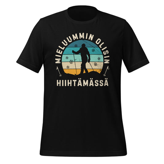 Retrohenkinen t-paita, jossa teksti 'Mieluummin Olisin Hiihtämässä' ja hiihtäjän siluetti talvimaisemassa.